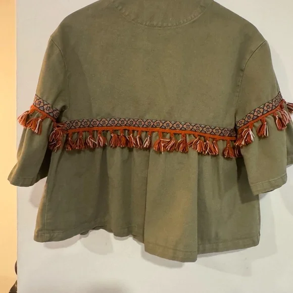 ZARA BASIC DEPT DENIM EUC Z1975 OLIVE GREEN TASSELS JACKET SIZE XS - Picture 7 of 9